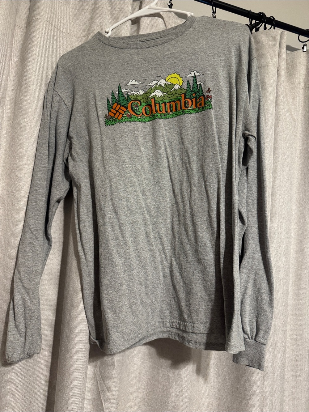 Columbia Gray Long Sleeve Tee with Mountain Logo and Sun Accent